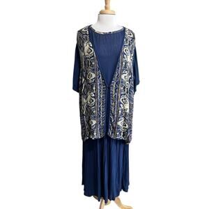 KLOZ 2 Pc Artsy Boho Rayon Set Oversized Vest Blouse & Maxi Skirt sz L